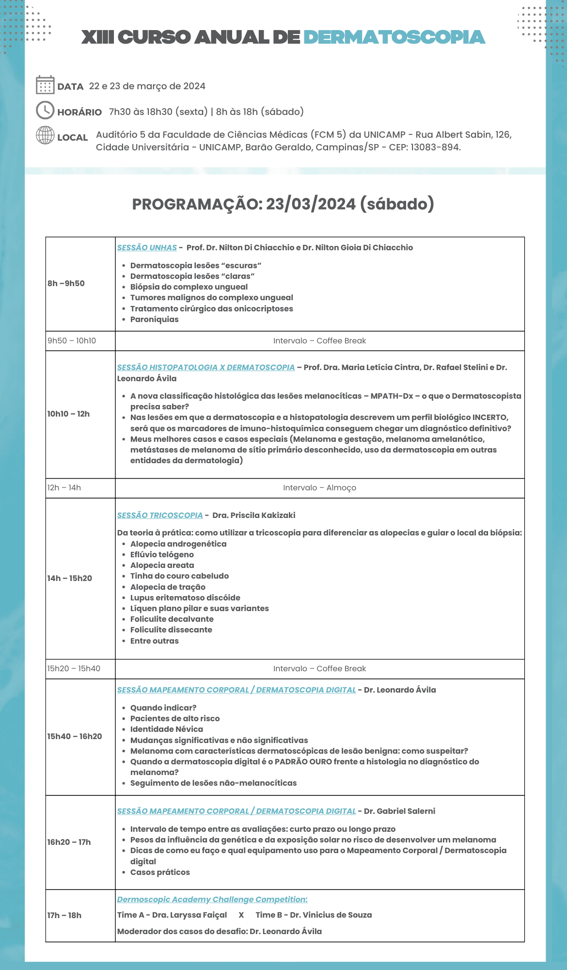 Curso Anual de Dermatoscopia - Ministrado pelo Dr Leonardo Ávila em Auditório 5, Faculdade de Ciências Médicas, UNICAMP
